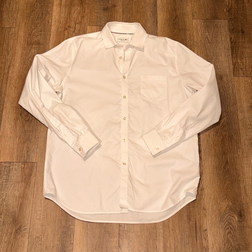 Lacoste Mens Regular Fit Long Sleeve Button Down Shirt White Pique FR 42 US 16.5